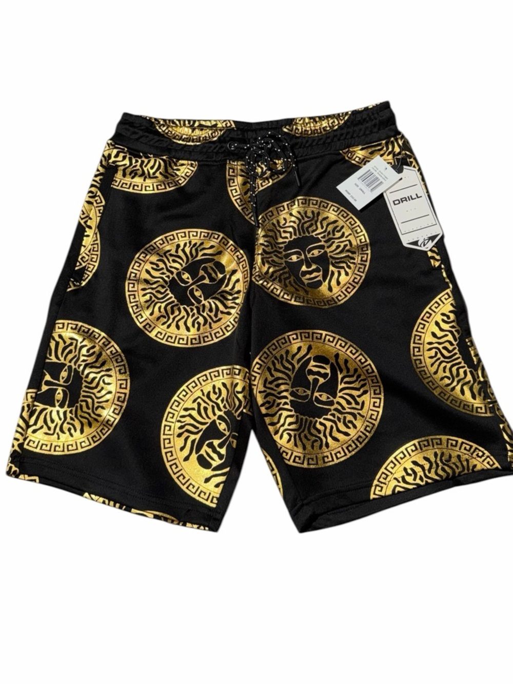 NWT Drill Clothing Black Gold Medusa Swim Trunks Men’s Small Greek Luxury Print